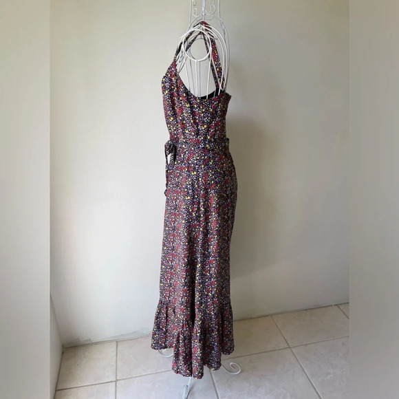 J Crew maxi tiered dress belted linen blend ditsy floral print navy blue size 2 - Picture 2 of 9